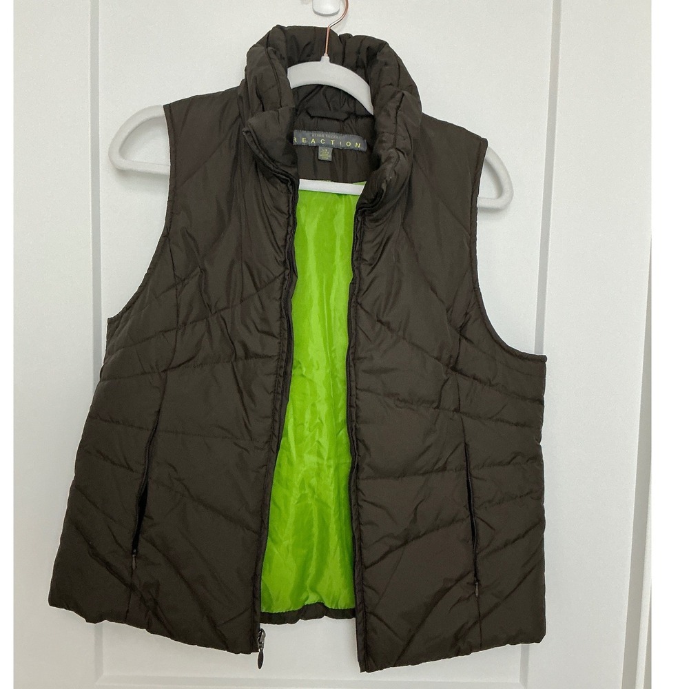 Kenneth Cole Reaction Down Puffer Vest Brown Lime Green Avocado Large 178CD648